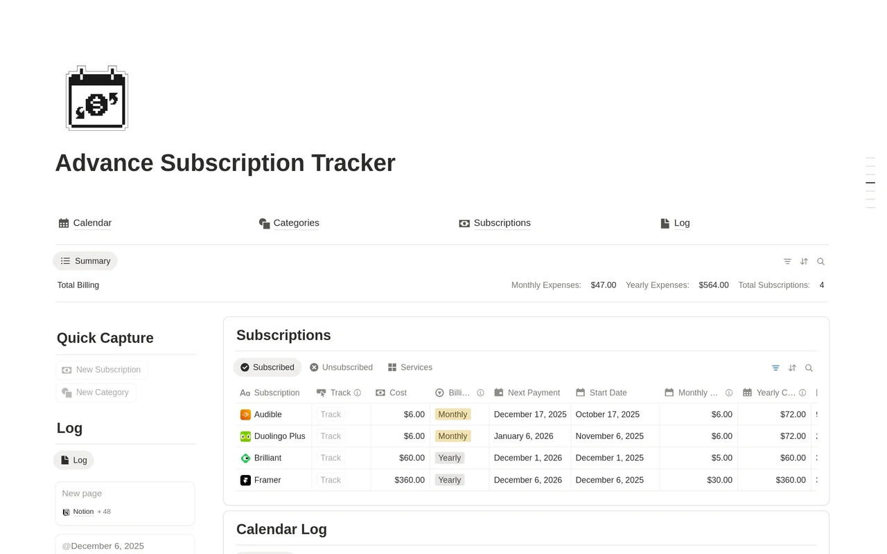Advance Subscription Tracker preview