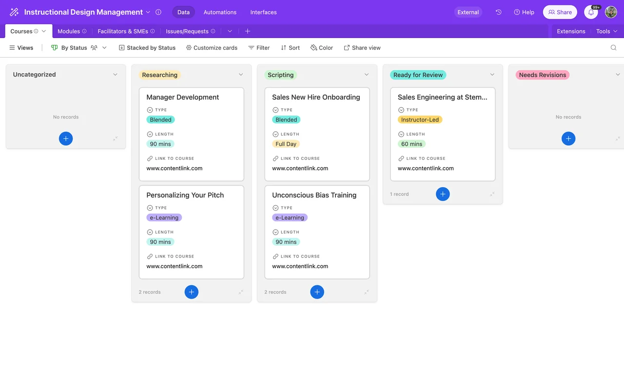 Instructional design management templateBuilt for instructional designers and training project managers, this template helps you manage the employee training development process, collaborate seamlessl preview