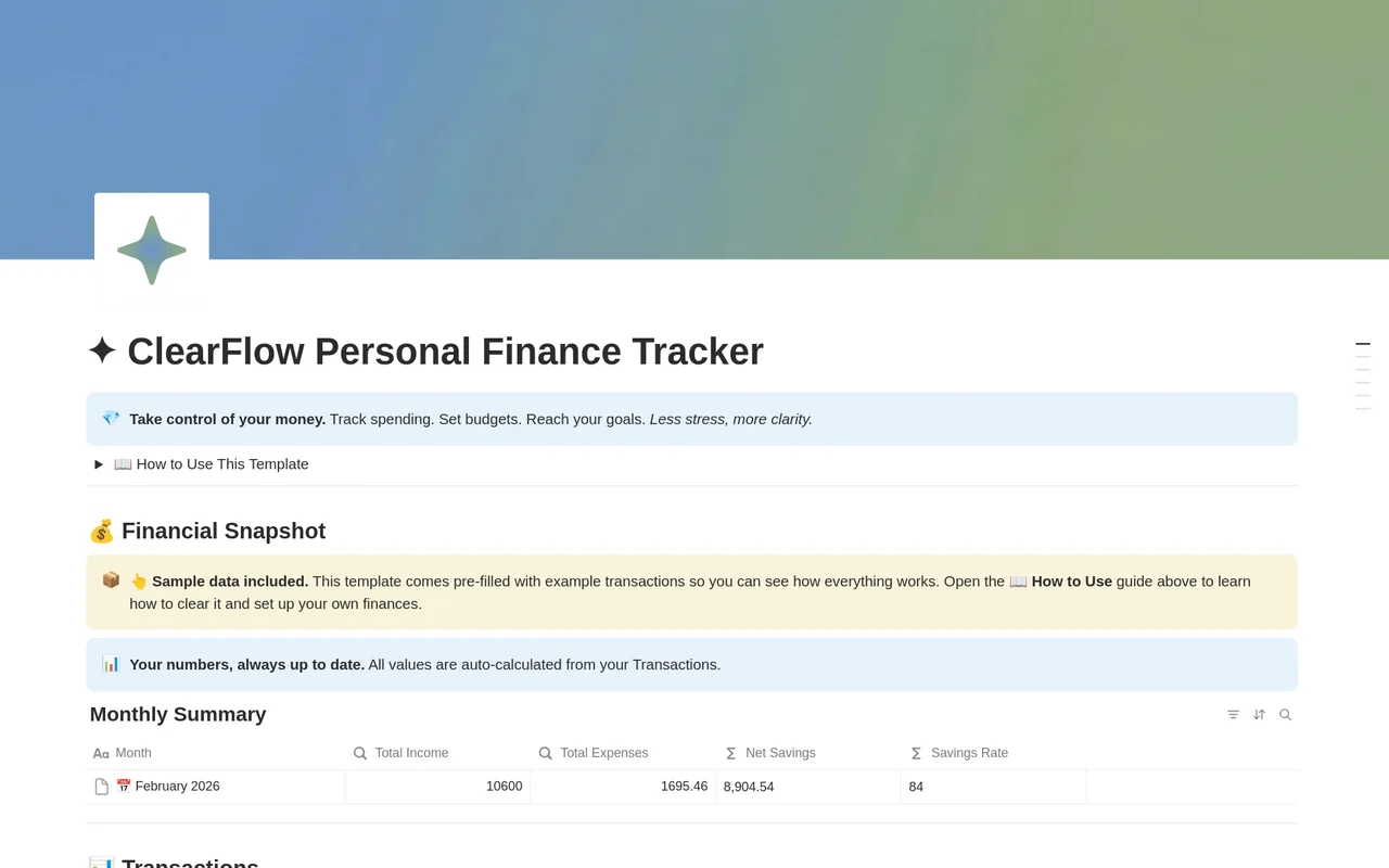 ClearFlow Personal Finance Tracker preview