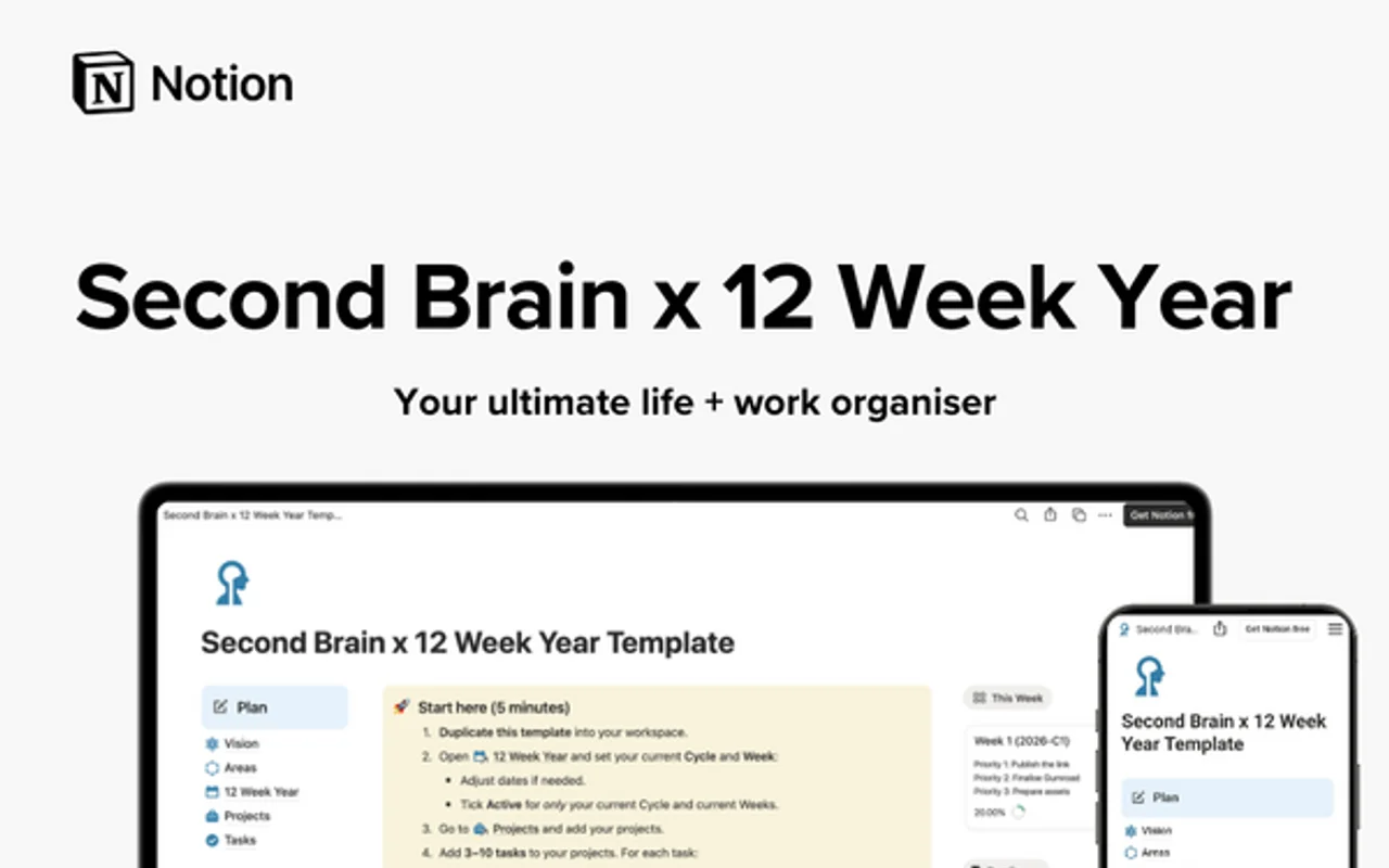 Second Brain x 12 Week Year Notion Template (Work + Life OS) preview