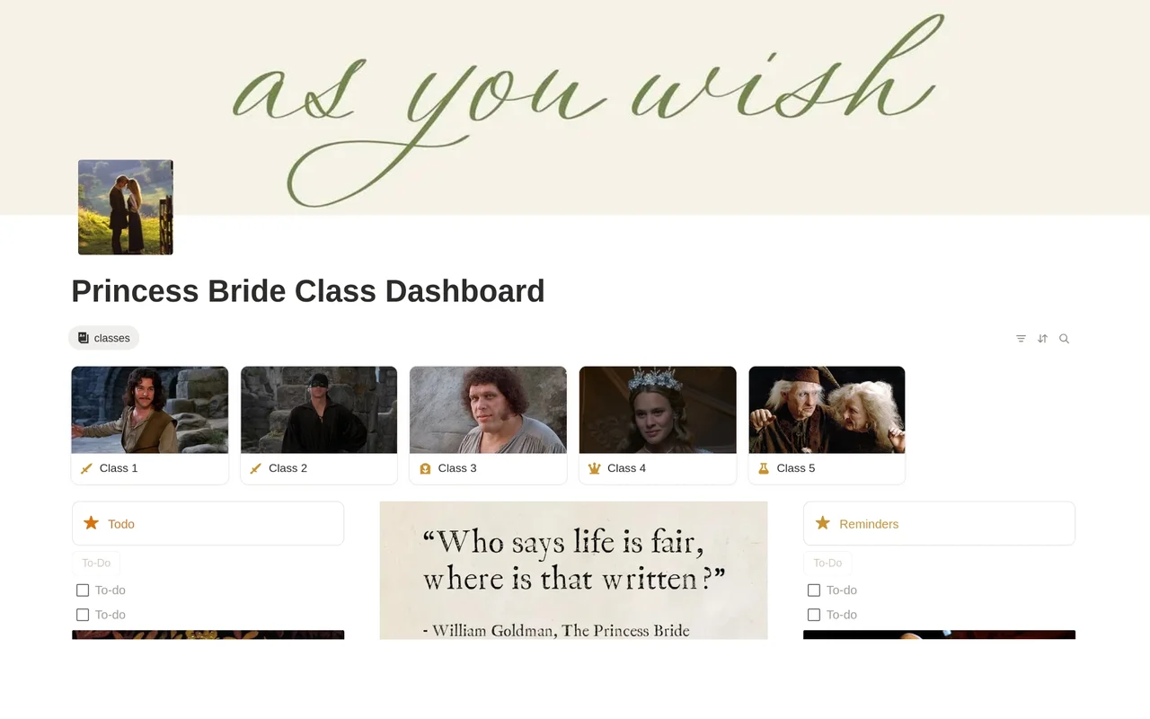 Princess Bride Student Dashboard preview