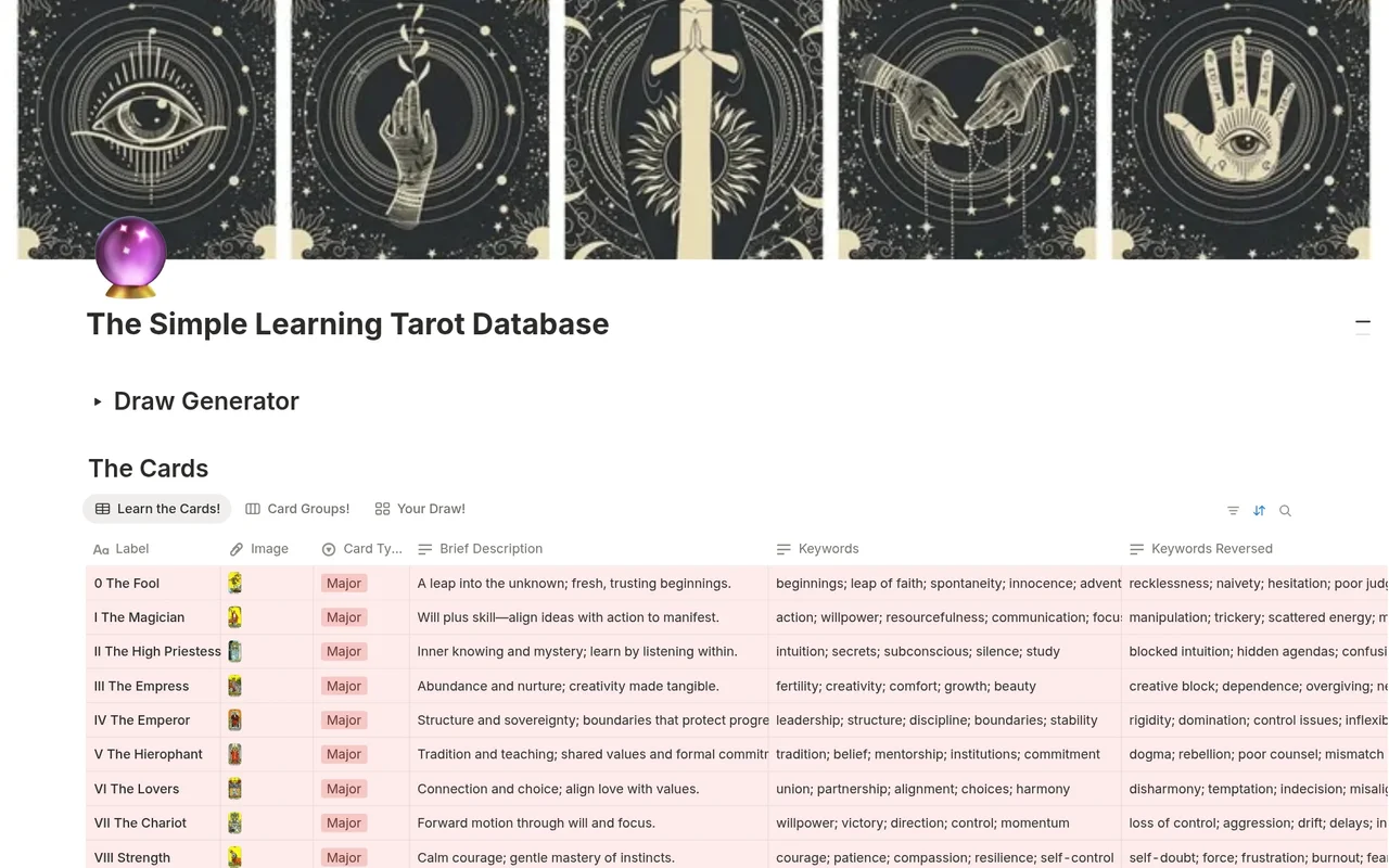 The Simple Learning Tarot Database preview