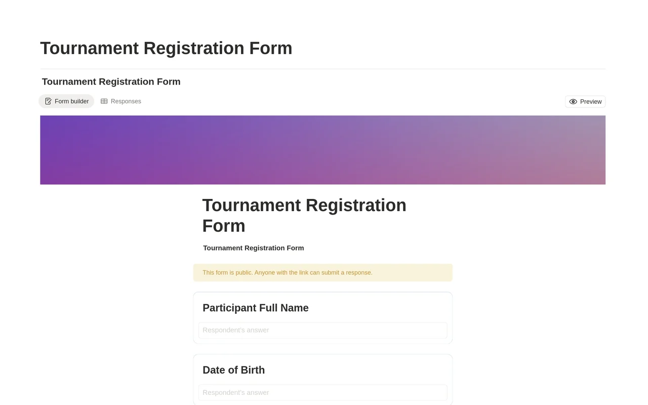Tournament Registration Form PDF Generator preview